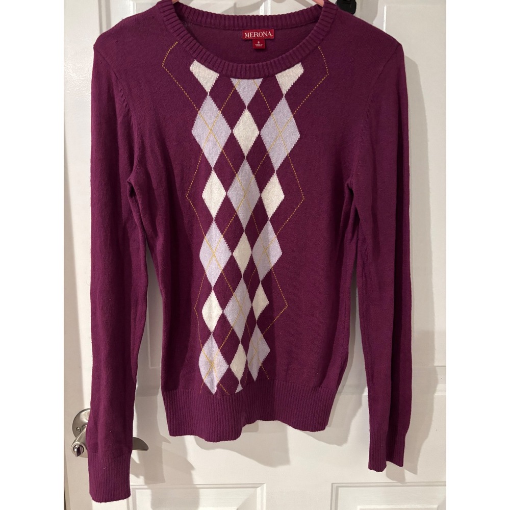 Merona Purple Argyle‎ Long Sleeve Sweater, Size Small, Classic Knit Top